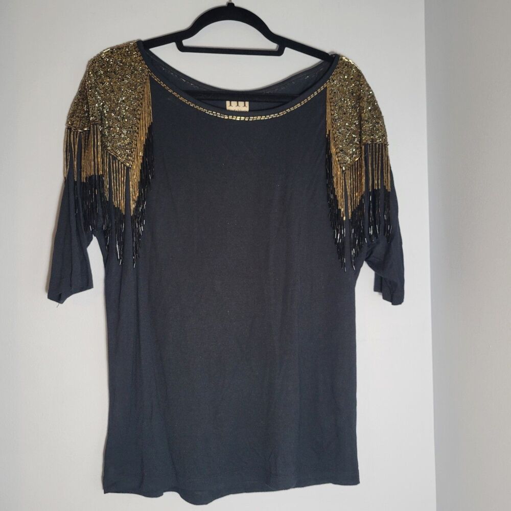 Haute Hippie Black Gold Beads w/Fringe Beading Short Sleeve Top Size S